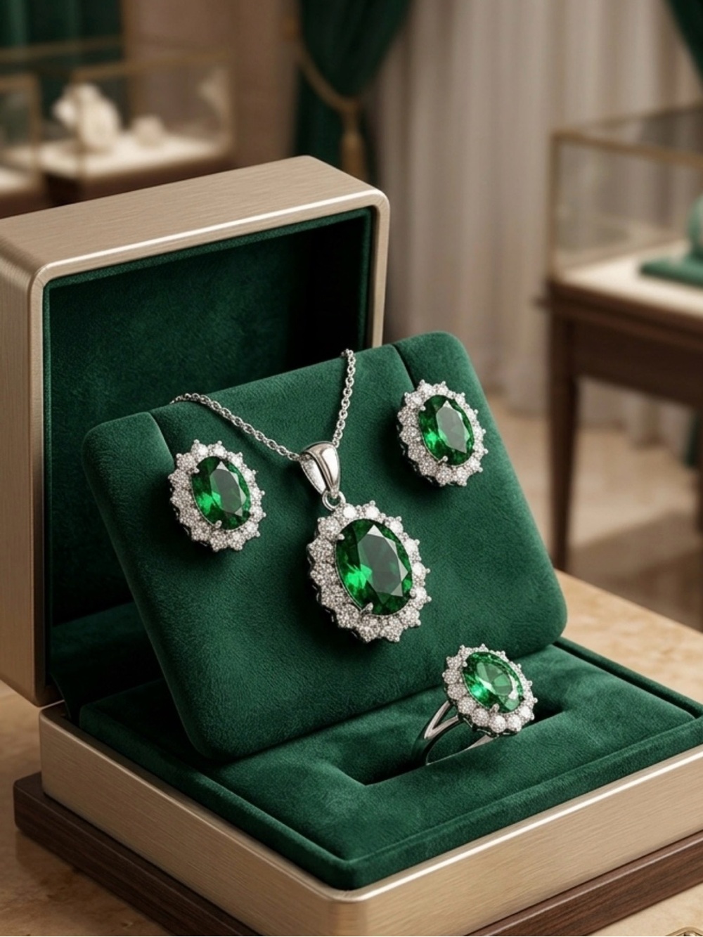 Authentic 925 S Silver-plated Emerald Green Crystal Pendant Ring Earring Set